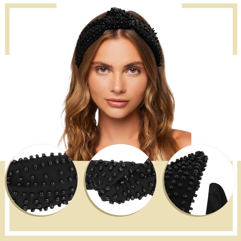 Ondder Black Pearl Knotted Headband for Women's Hair Cloth Headbands, One Size Fits All, Wide Application for Her - Image 3